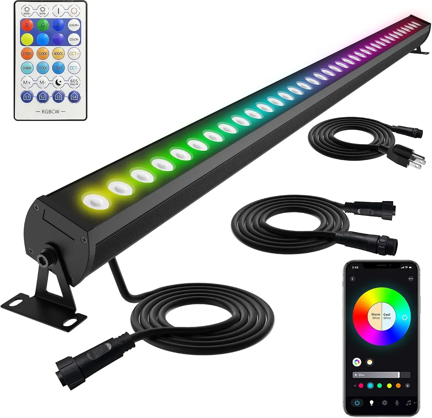 40-Inch Linkable LED Wall Washer Light Bar – Smart RGBCW Color Changing LED, Bluetooth & RF Remote Control, 2700K–6500K Tunable