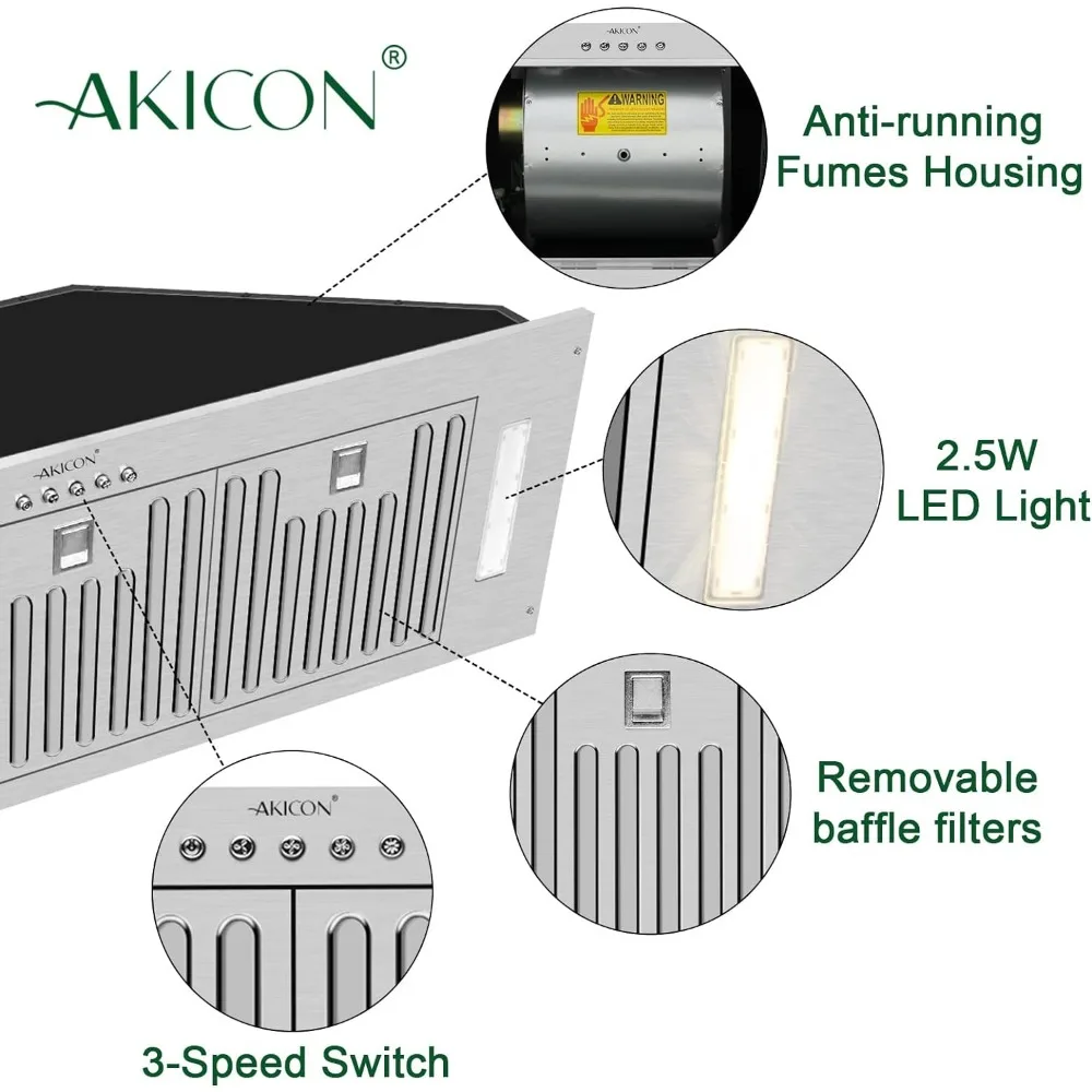 Akicon-Capot d'évent injuste ultra silencieux avec lumières LED, 3 vitesses, 600 CFM, acier inoxydable