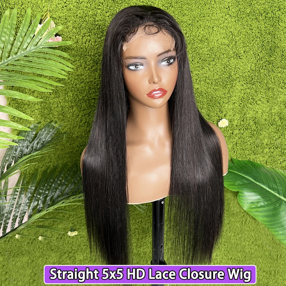 

5x5 HD Lace Closure Wigs Straight Human Hair #1B Natural Color 200% Density Preplucked Bleached Knots Vietnamese Raw Virgin Hair