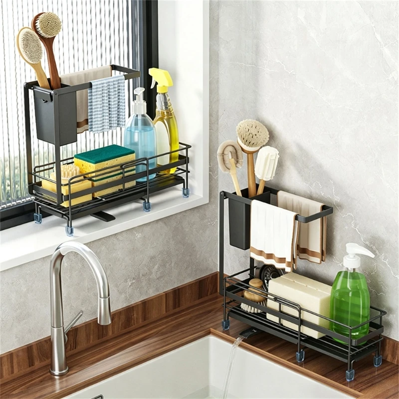 Extendable Sink Drain Rack Carbon Steel Storage Shelf, Narrow Sinkside Basket With Drain Tray for Kitchen Cleanup B03E
