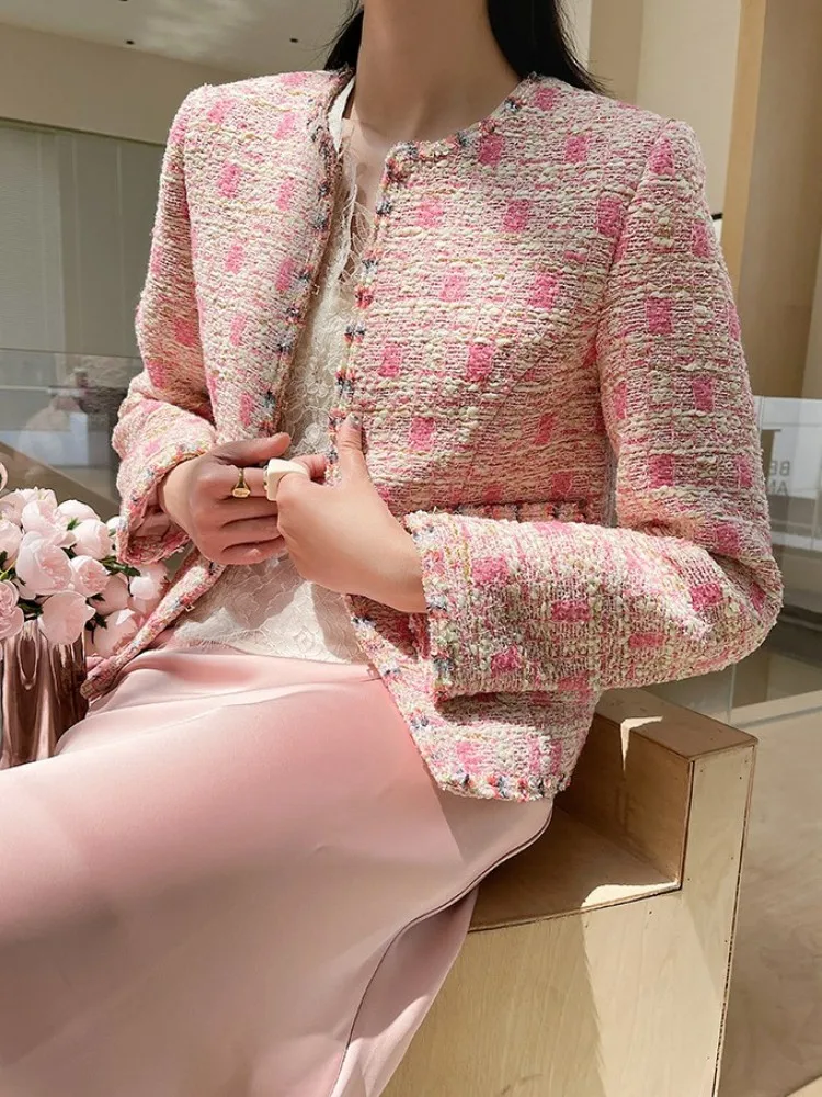 Women Pink Tweed Jacket Fashion Elegant O-Neck Spring Autumn Short Coat Long Sleeve Slim Fit Outerwear Office Ladies Jackets