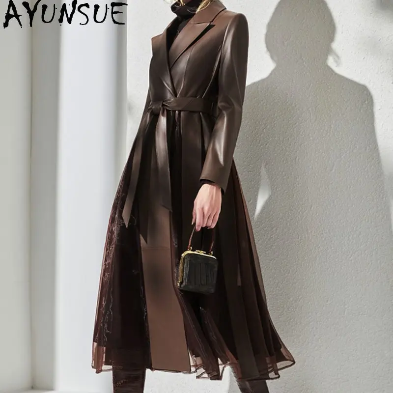 

AYUNSUE High Quality Sheepskin Leather Jacket Women Eleagnt Fashion Leather Jackets Real Leather Coat Splicing Organza Skirt Hem