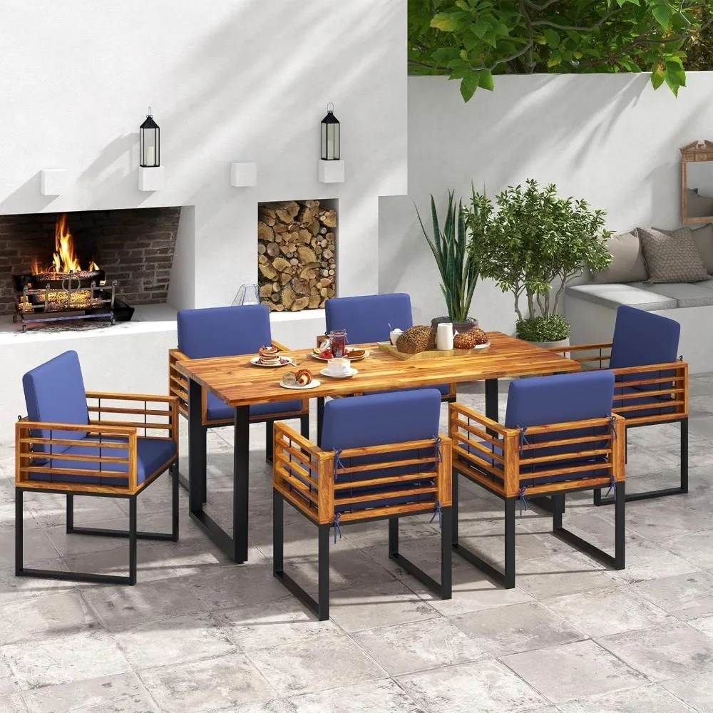 

7 Piece Patio Dining Set, Acacia Wood Dining Chair & Table Set, 69” Spacious Tabletop with Umbrella Hole, Customized