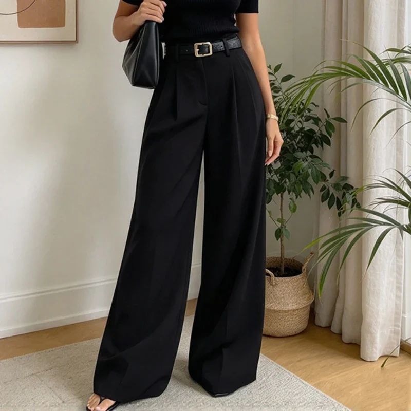 Women's Suit Pants Fashion Solid Color Casual Loose Straight High Waist Women's Trousers Commuting Simple Women Wide Leg Pants