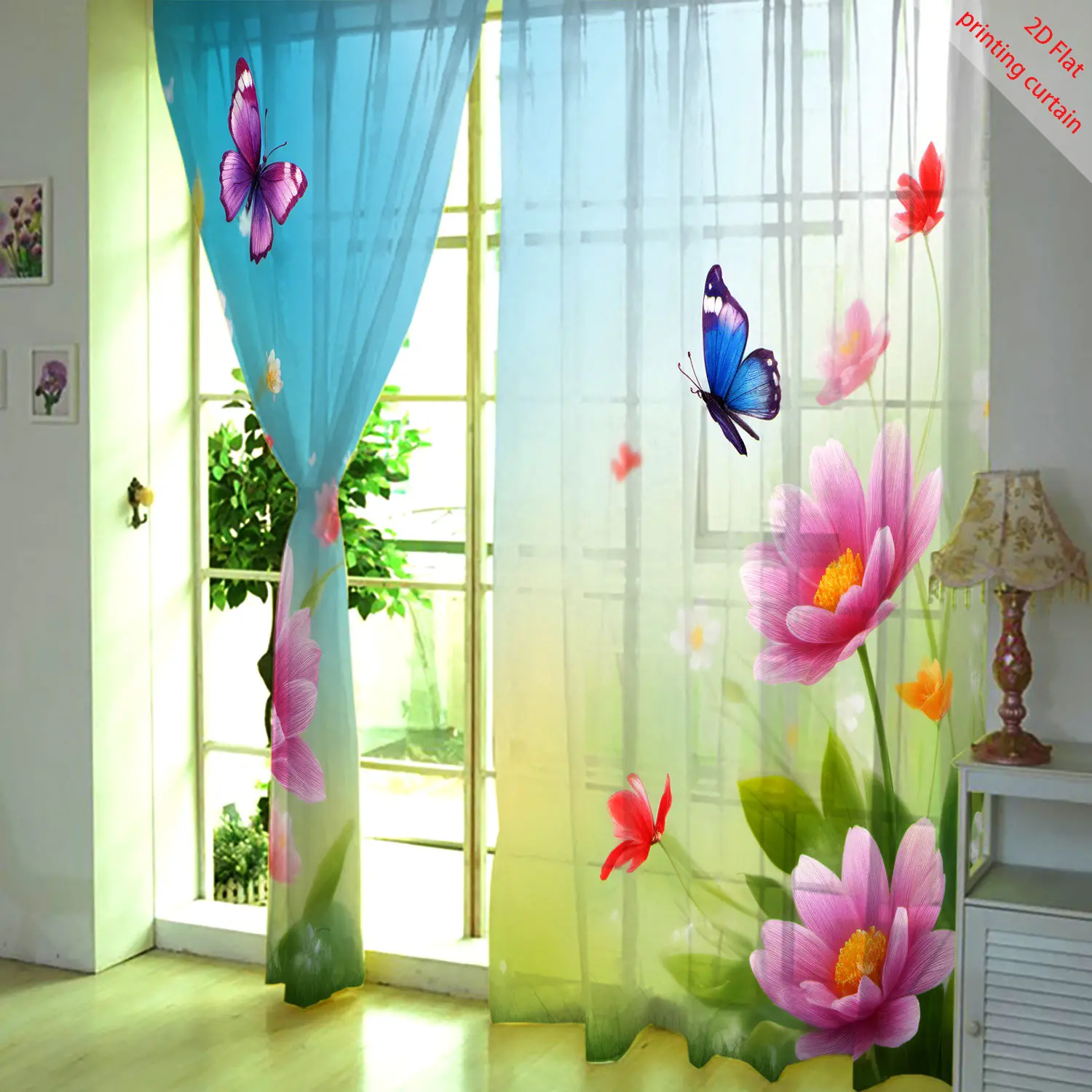 Sky floral pattern printed transparent gauze curtain, home art decoration, bedroom, living room, kitchen, balcony decoration