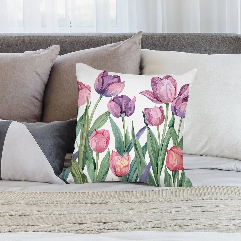 Watercolor Tulip Painting Pillow Case Short Plush Pillow Covers Sofa Decorative Gift Home Double-sided Printing Cushion Cover