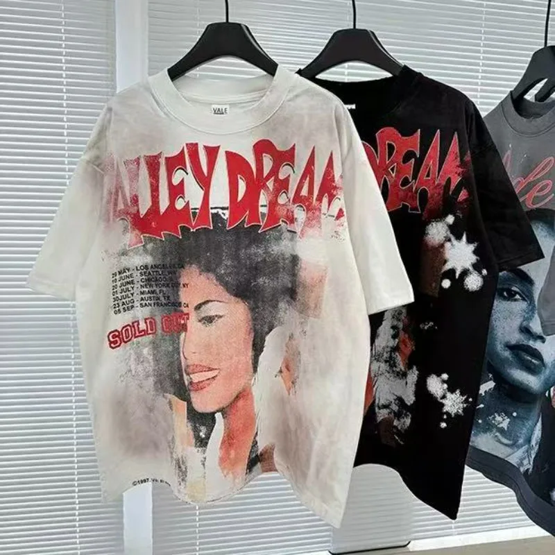 

Мужские футболки большого размера VALLEY в американском стиле с портретным принтом, белые футболки из чистого хлопка с короткими рукавами и долина