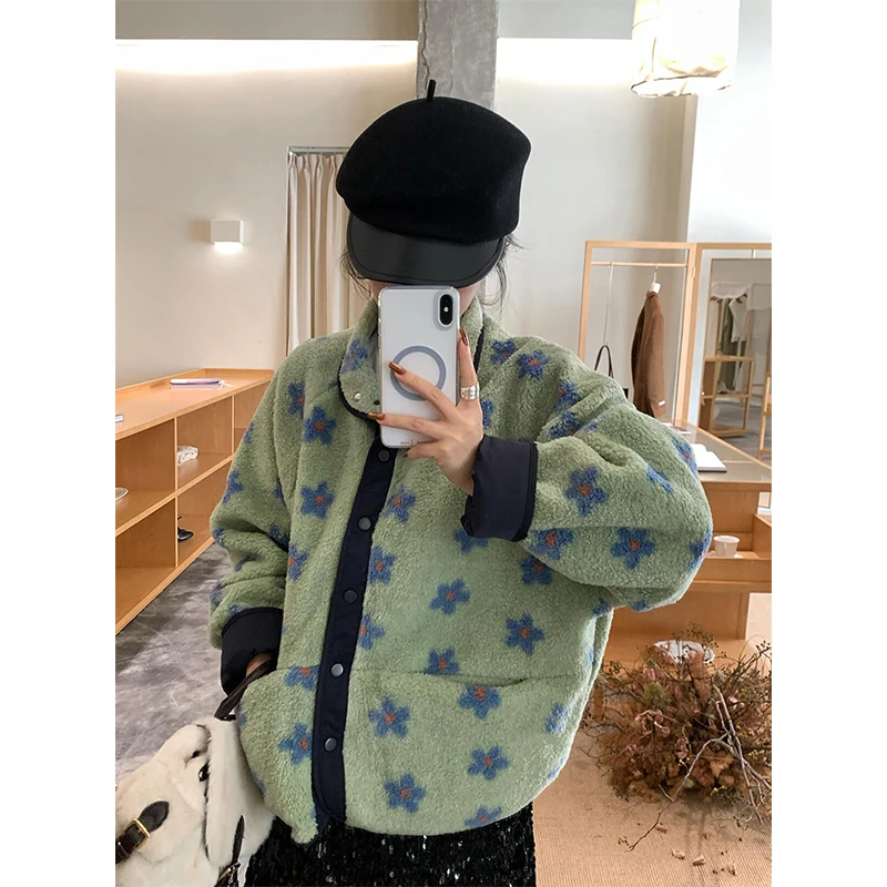 เสื้อโค้ทขนแกะลายดอกไม้ MEXZT สำหรับผู้หญิง สไตล์วินเทจ แขนยาว แจ็คเก็ตขนฟู ฤดูหนาว ฮาราจูกุ เกาหลี คิวท์คอร์ มีกระเป๋า เสื้อคลุมขนสัตว์ ใหม่