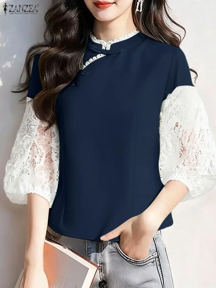 女性用スタイリッシュな透かし彫りブラウス ZANZEA 2026 春 レース パッチワーク シャツ 夏 七分袖 ワークトップス ボタン付きブラウス チャイナ風