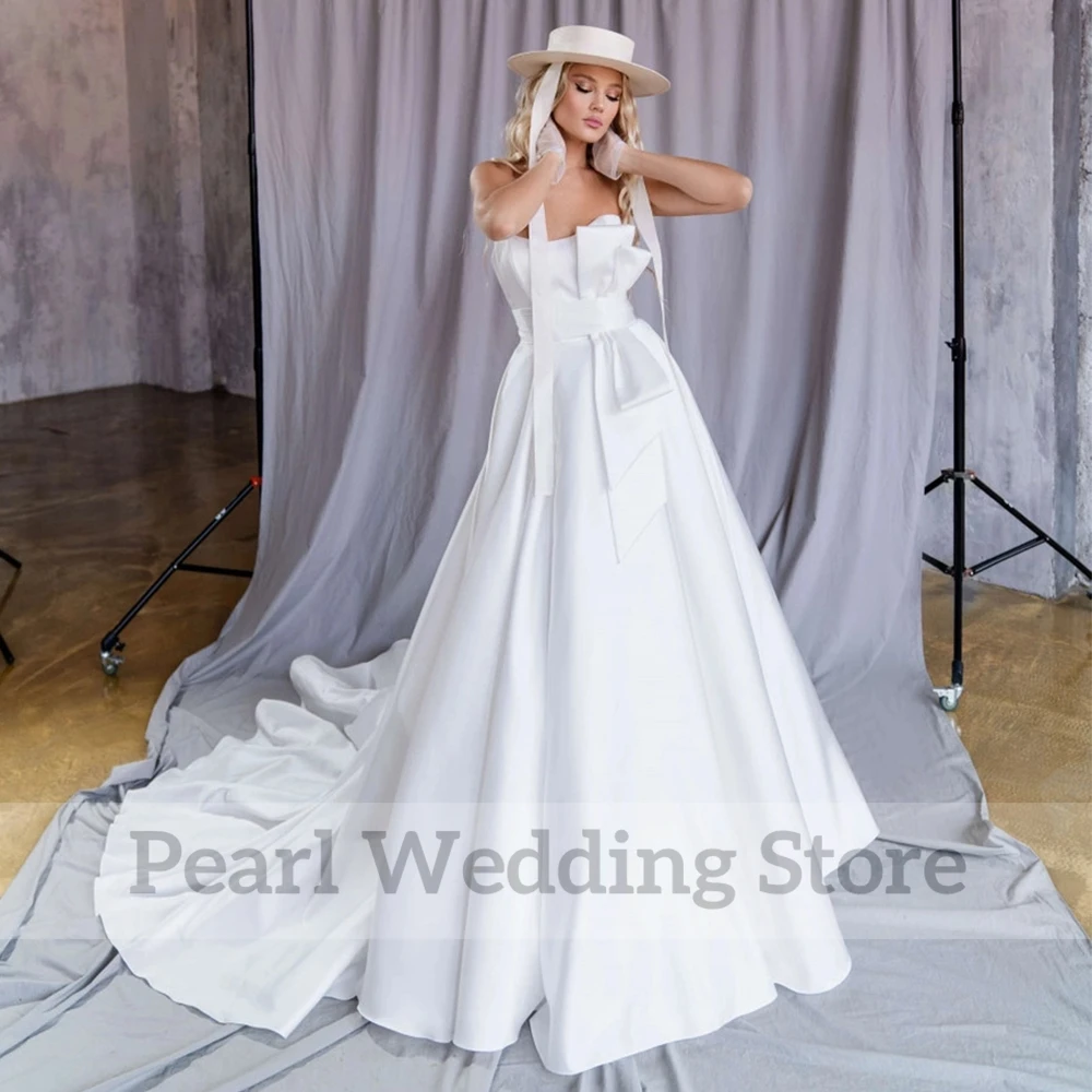 Modern Strapless Wedding Dresses A-Line Floor Length Sleeveless Bride Marriage Dress with Bow and Belt Backless Bridal Gowns