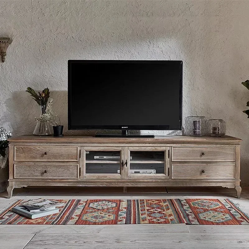 American rural solid wood weathering old living room TV cabinet French retro bedroom storage floor low video cabinet