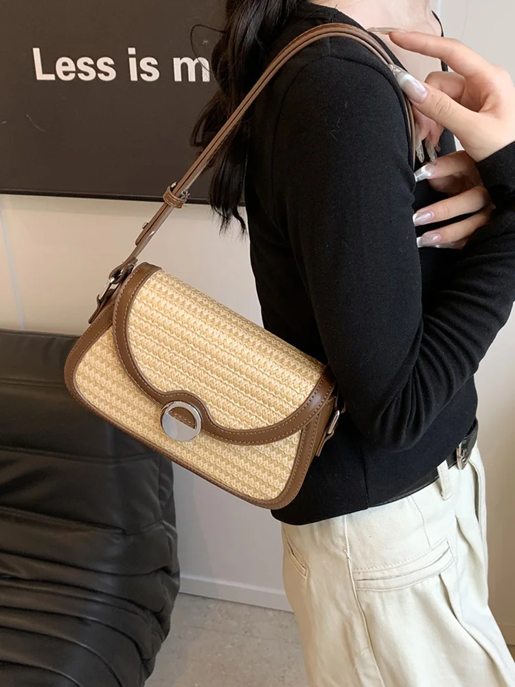 Bolsa tecido palha para mulheres, grande capacidade, bolsa crossbody elegante, patchwork, bolsa mensageiro simples, alça ajustável para praia de verão