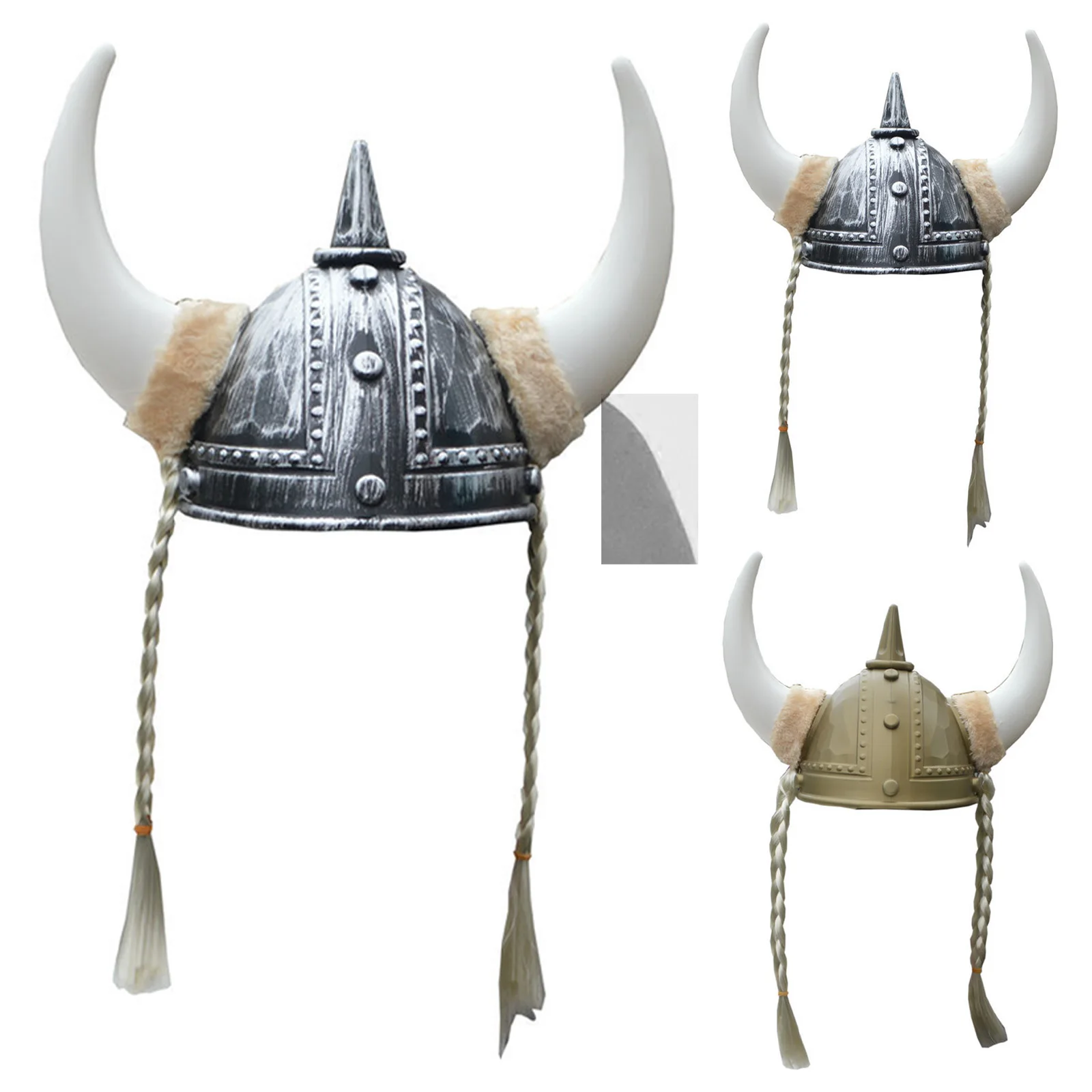 

Adult Plastic Viking Horn Hat Vintage Knight Helmet Headgear with Braids Halloween Cosplay Medieval Warrior Hat Costume Headwear