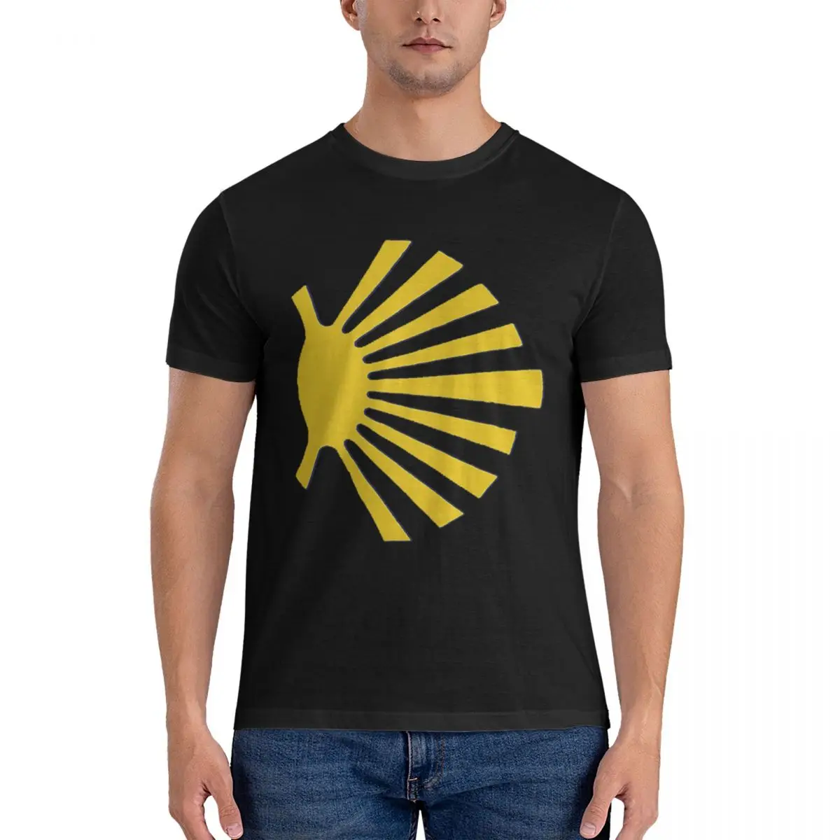 Camino De Santiago Symbol Large Yellow Scallop Shell T-Shirt for Men Cotton Plus Size T Shirts Men Short Sleeve Round Neck Tops