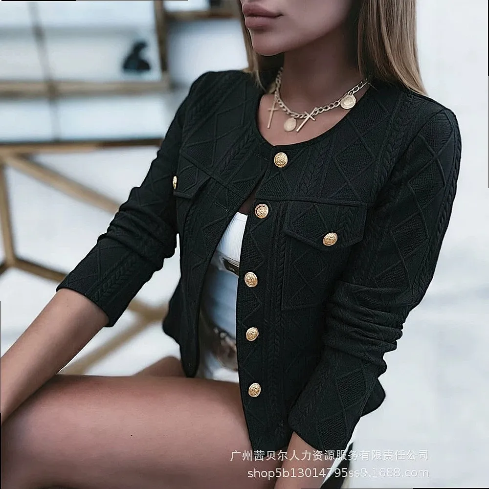 LZJ2853 French three-dimensional jacquard, round neck gold buckle short jacket