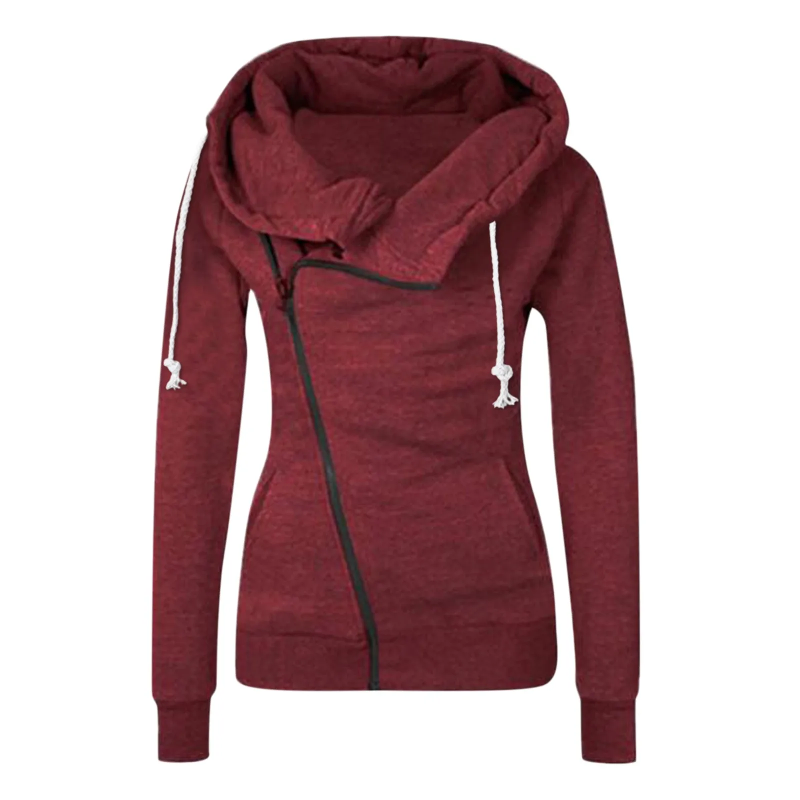 Sudadera con capucha de Color liso para mujer, abrigo informal de entrenamientos deportivos, jersey con cuello de bufanda y cremallera, Sudaderas de