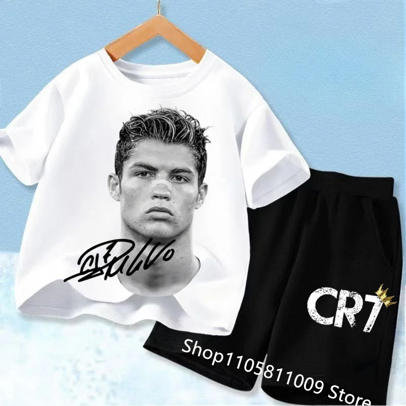 kids T-shirt Summer CR7 Star Print Top/Shorts 2P Boys/Girls Preschool 3-13Y Birthday Gift Sunshine Casual Round Neck Sports Set