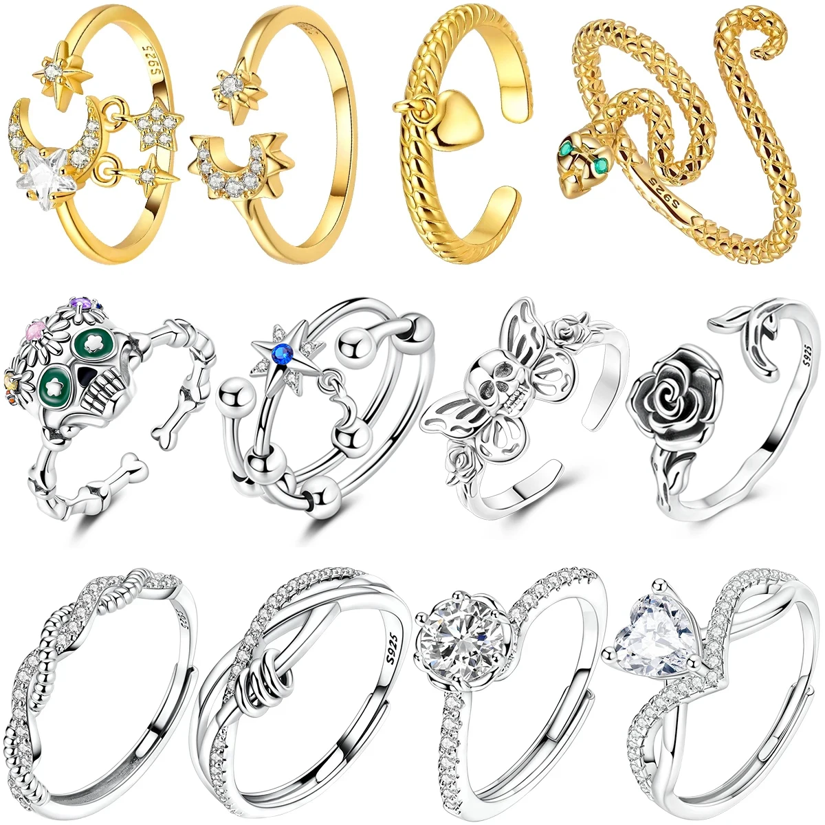 

Регулируемое открытое кольцо из стерлингового серебра 925 пробы, блестящая змея, луна, солнце, роза, пара, череп, драгоценный камень, бриллиант, ювелирные изделия для творчества, оригинал