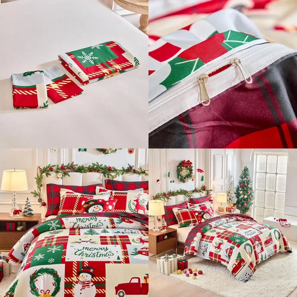 

King Size Christmas Duvet Cover Set: Snowman, Snowflake & Deer Holiday Pattern with Soft Microfiber, Zipper Closure, 1 Duvet Cov