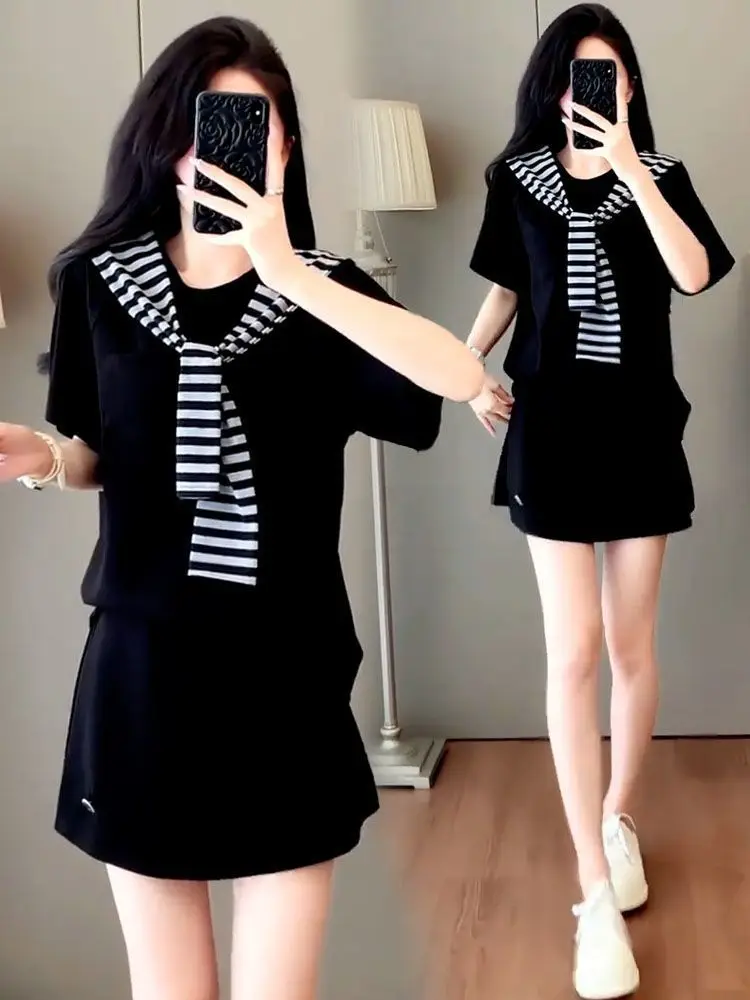 Casual Loose Fashionable Korean Style Three Piece Set Summer New Design Slimming Effect Polyester Short Sleeve round Neck T-S...