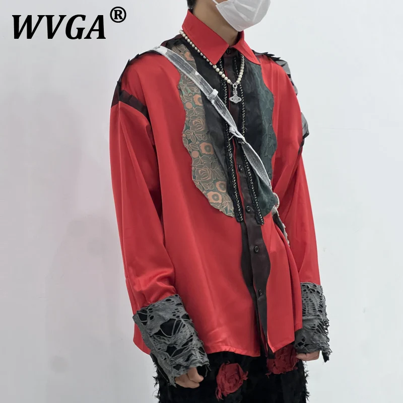 

WVGA Spring Autumn New Men's Tide Original Design Patchwork Frayed Edges Long Sleeve Shirts Niche Loose Chic Casual Shirt W8098