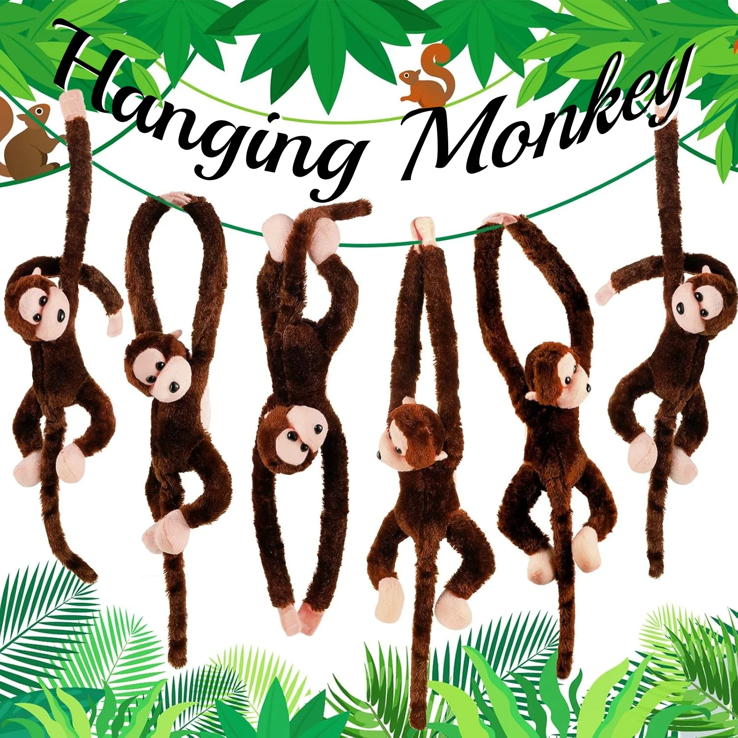 6-20PCS Forest Stuffed Animals 23cm Hanging Monkey Plush Toys with Hook Loop Fasteners Hands for Baby Shower Party Favors