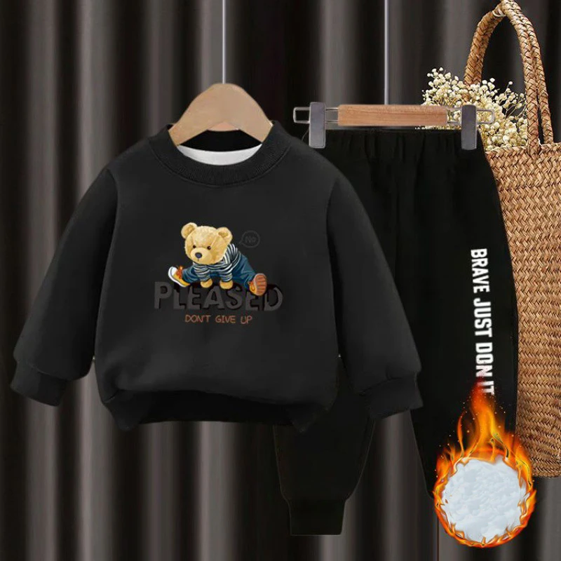 2pcs Boys Girls Childrenâs Fleece Clothes Outwear Sets Autumn Winter Kids Hooded Sweatshirt Tracksuit Sportwear Suit For 2-10Y