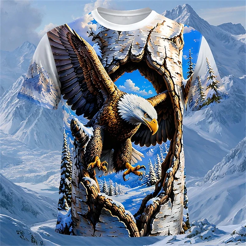 Novelty Optical Illusion Print T-Shirt 3D Men's T-Shirts Summer Short Sleeved Horse Eagle Wolf Graphic Oversized Men T-shirts