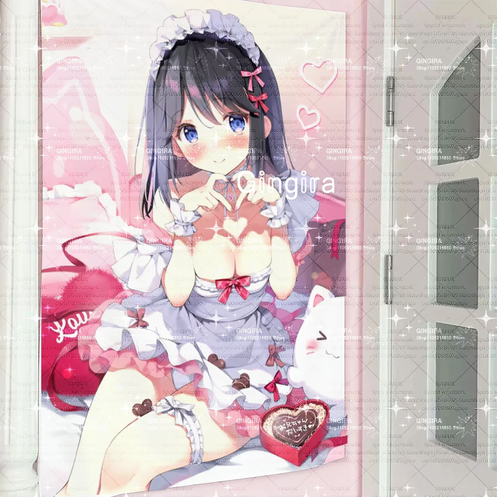 しらゆきなし 2D cute chocolate girls galgame dormitory and bedroom decoration, tapestry, fabric for wall hanging, indoor hangin