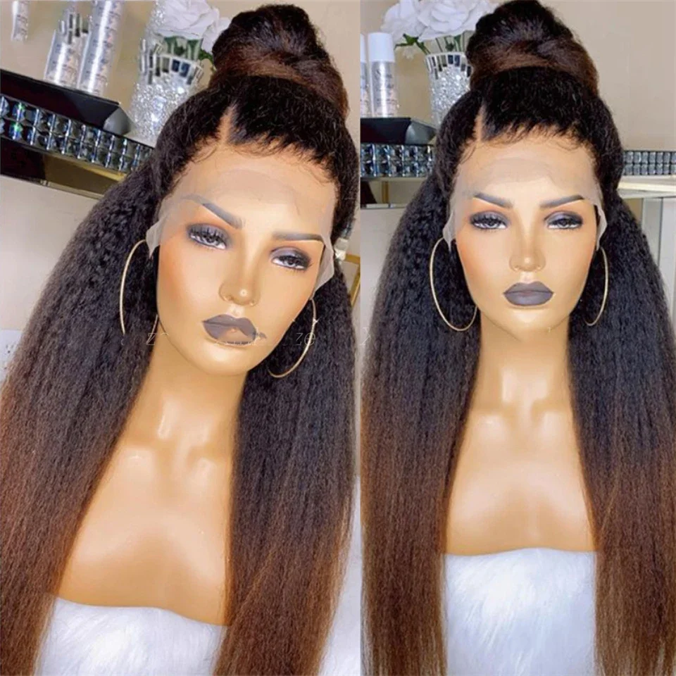 Natural Hairline Ombre Brown Kinky Straight Yaki Soft 26Inch Long Lace Front Wig For Women Synthetic Preplucked Glueless Daily