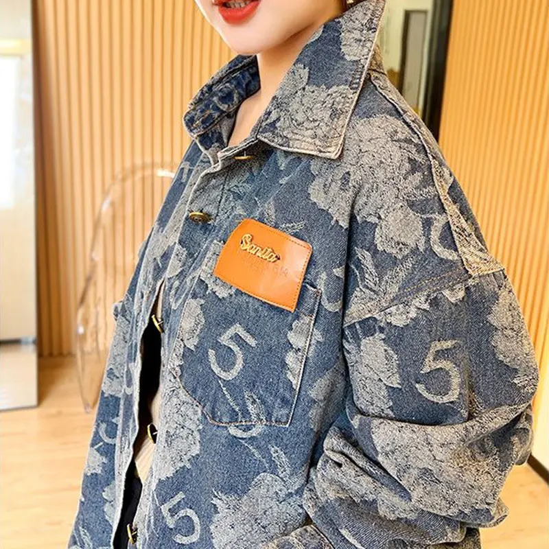 Fashion Vintage Loose Denim Shirt Female Clothing Casual Turn-down Collar Spring Autumn Commute Printed Single-breasted Blouse