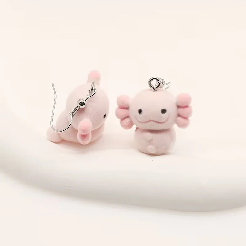 Cute Resin Flocked Axolotl Earrings, Pink axolotl Cartoon Animal Earrings,Holiday Party Gift