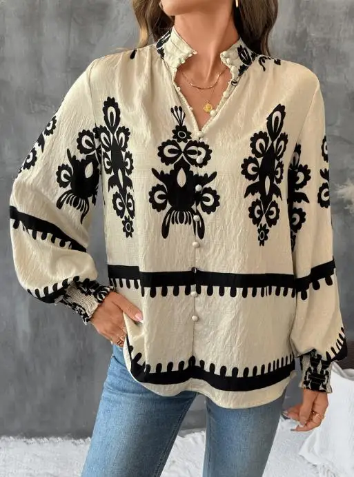 

Autumn Button V-Neck Retro Ethnic Style Printed Long Sleeved Shirt for Women, Elegant Printed Slim Fit Lantern Sleeve Shirt