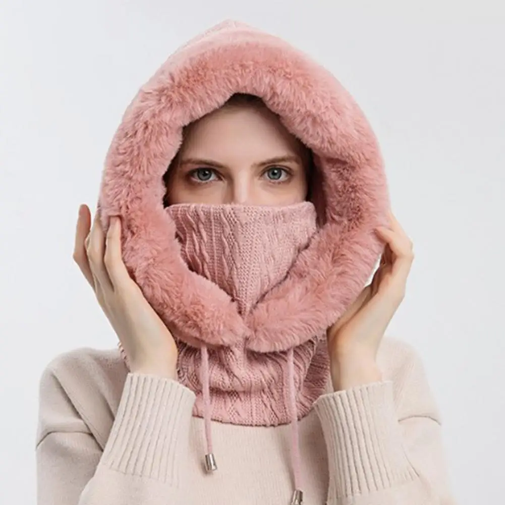 Knitted Winter Hat Scarf Gloves Hat Fleece Lined Knitted Hat with Plush Trim Adjustable Face Guard Scarf Set Windproof Ski