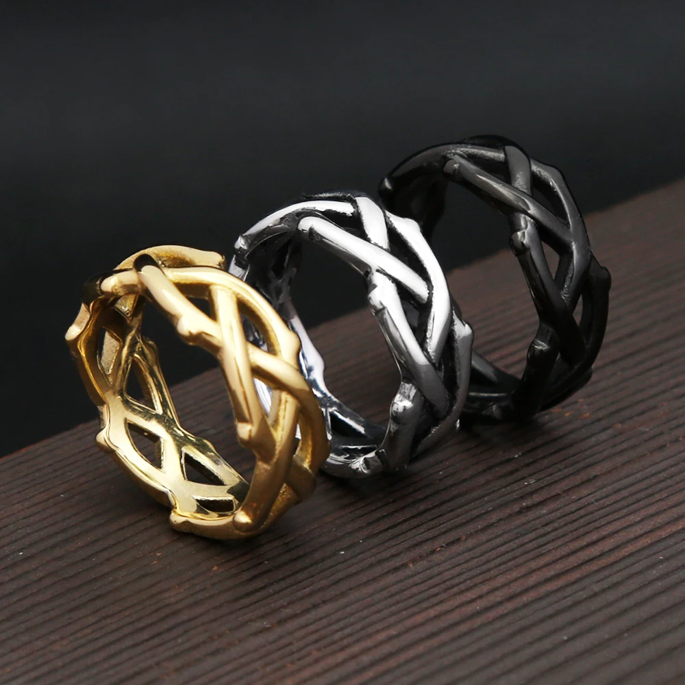 Anillo de vid de espina de acero inoxidable Punk Vintage, anillos simples de moda de Color plateado/Negro/dorado para hombres y mujeres, joyería para parejas al por mayor