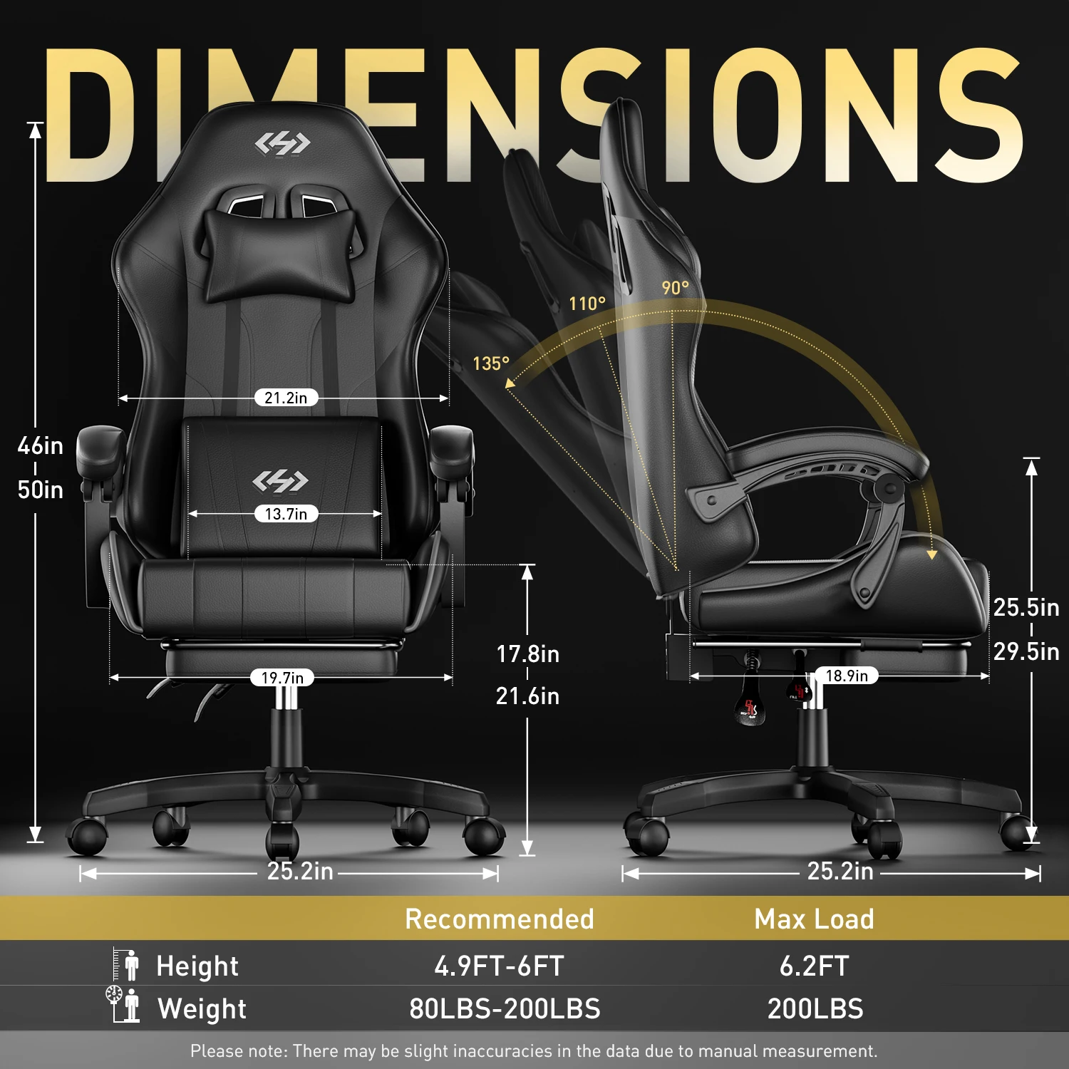 Silla para videojuegos, silla ergonómica para oficina y computadora con soporte lumbar, reposapiés y reposacabezas, altura ajustable y ángulo del respaldo, silla para videojuegos, cuero PU, 360 °   Silla Giratoria, Adulto, Negra