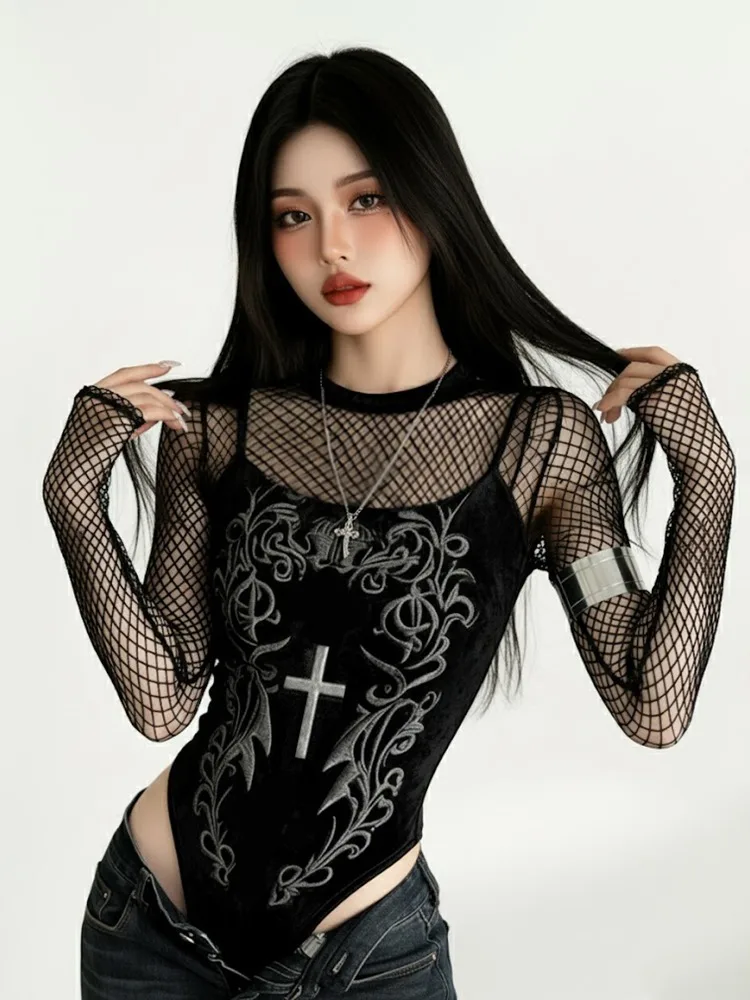 AltGoth Streetwear Dark Gothic Bodysuit Women Cyber Punk Y2k Harajuku Aesthetic Emo Alternative Grunge Printed Velvet Jumpsuit