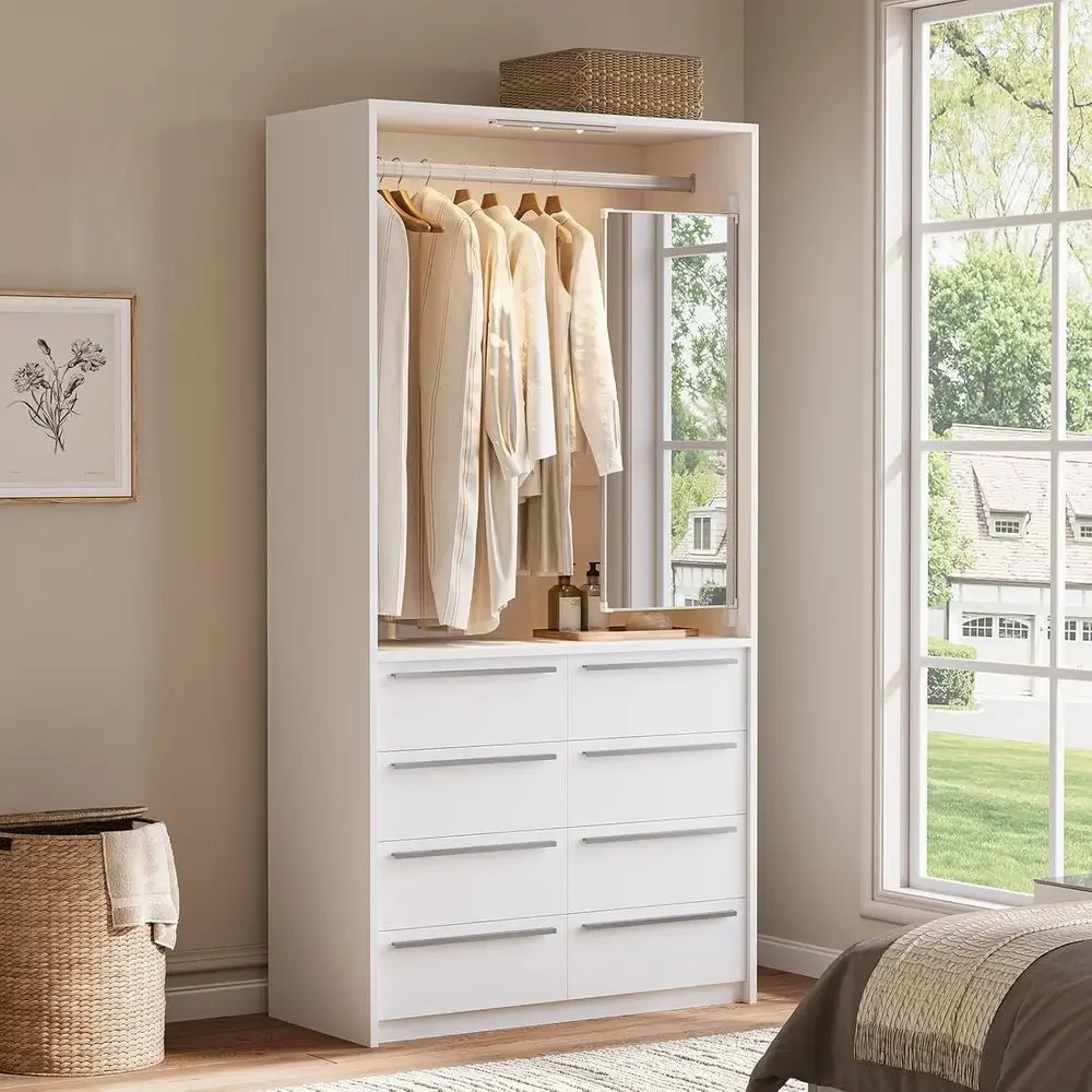

8-Shelf Wooden Closet Organizer with Full-Length Mirror, Rechargeable Motion Sensor Light, and Metal Hanging Rod, White