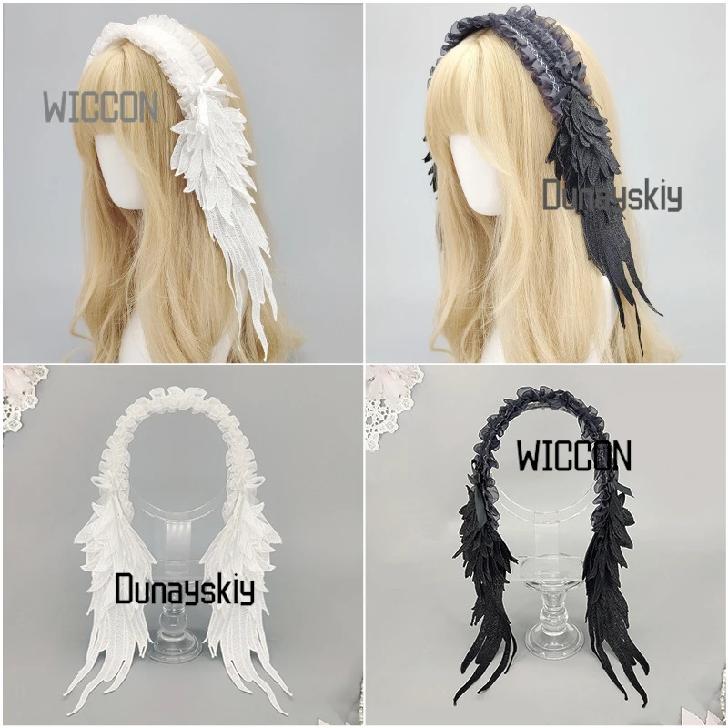 

Gothic Lolita Wing Headdress for Halloween/Christmas/Oktoberfest/Easter - Detachable Angel Wings with Lace Trim