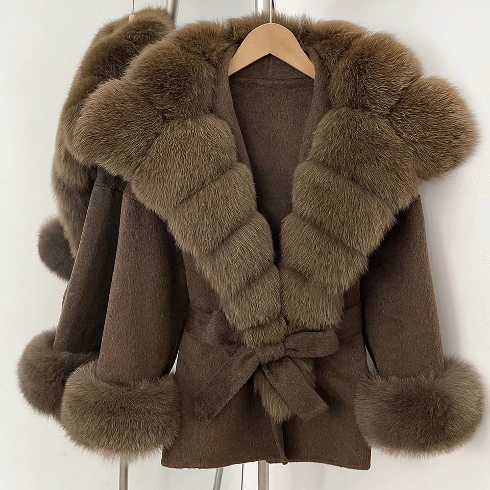 Real Fur Jacket Woman New Winter Autumn Coats Wool Coat Women Luxury Real Fox Fur Collar Ladies Belt Design Woolen Outwear