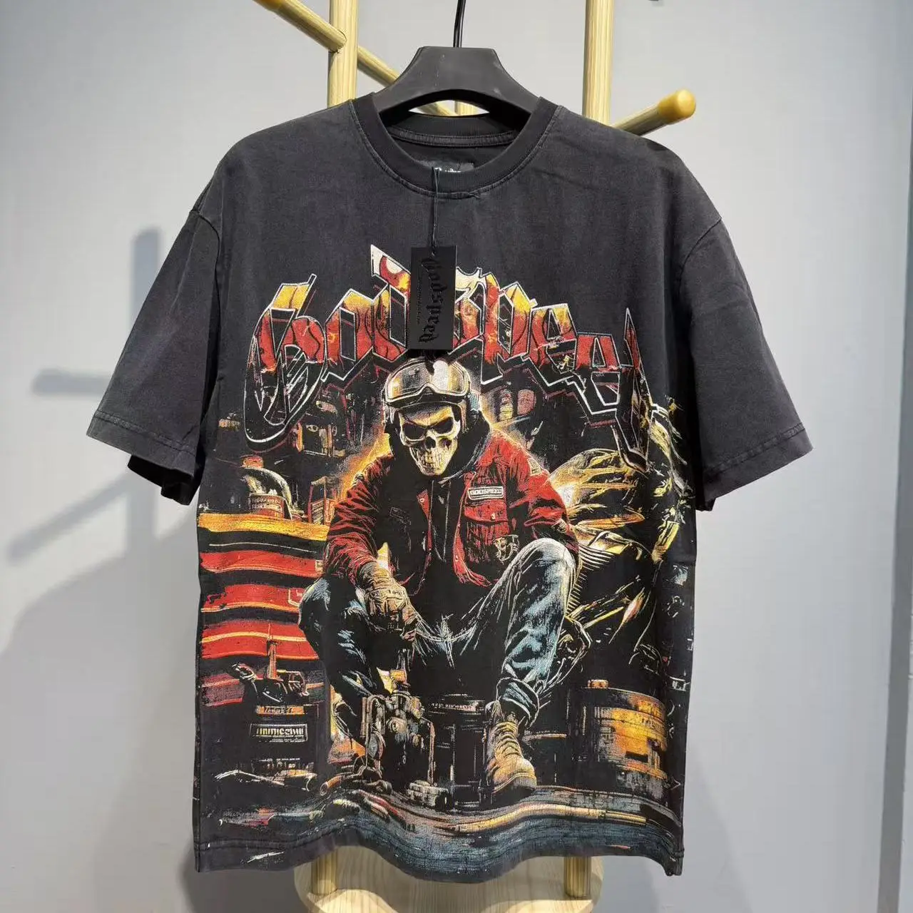 Godspeed Maintenance Skull Man Ins Trendy Brand Washed Vintage High Street Loose Heavyweight Pure Cotton Short Sleeve T-Shirt