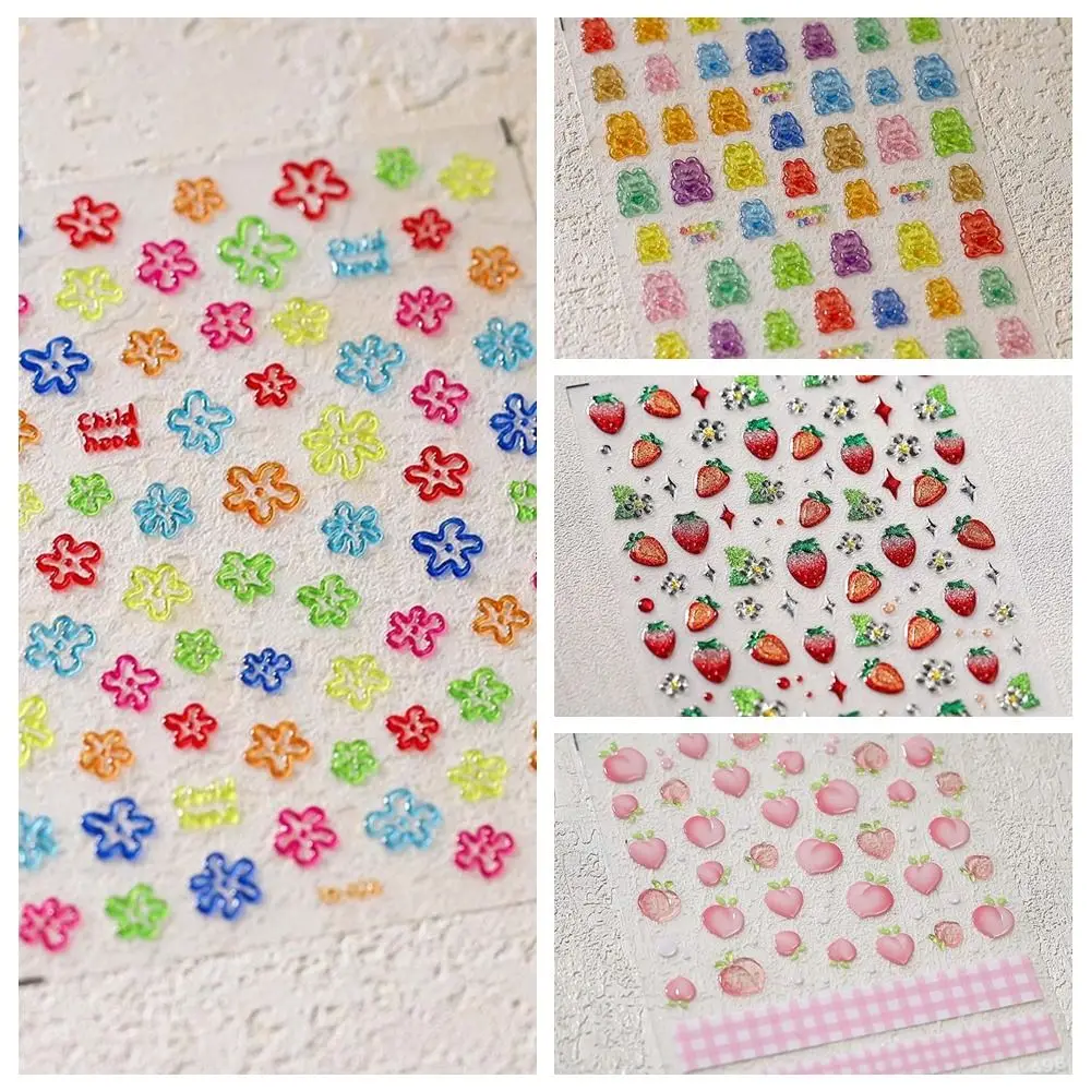 Flowers Jelly Nail Stickers Cartoon Bear Strawberry Jelly Bear Nail Decals Jelly Stickers Honey Peach Jelly Nail Art Decoration