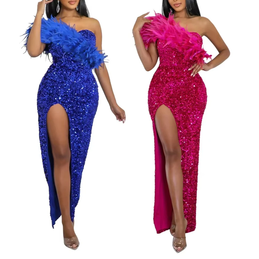 

Dress Women Long Dresses Party Gown Sequin Feather High Waist Off Shoulder Strapless Sexy Vestidos Sleeveless Y2k Streetwear