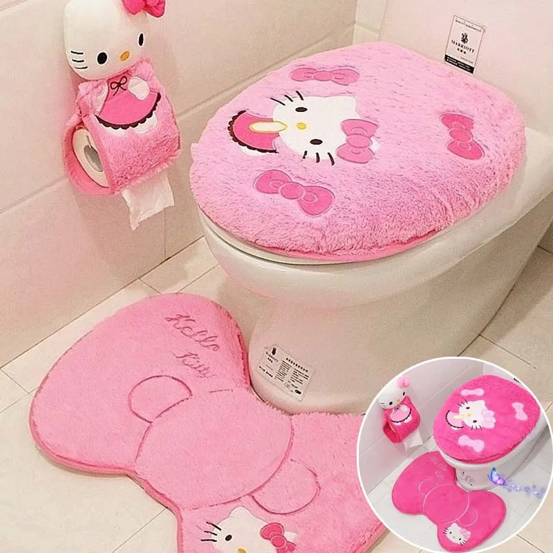 4PCS Sanrio Hello Kitty Pokrowiec na toaletę Zestawy dekoracji Pluszowa poduszka na siedzisko Podkładka pod stopy Łazienka Kreatywne prezenty dekoracyjne Nowość