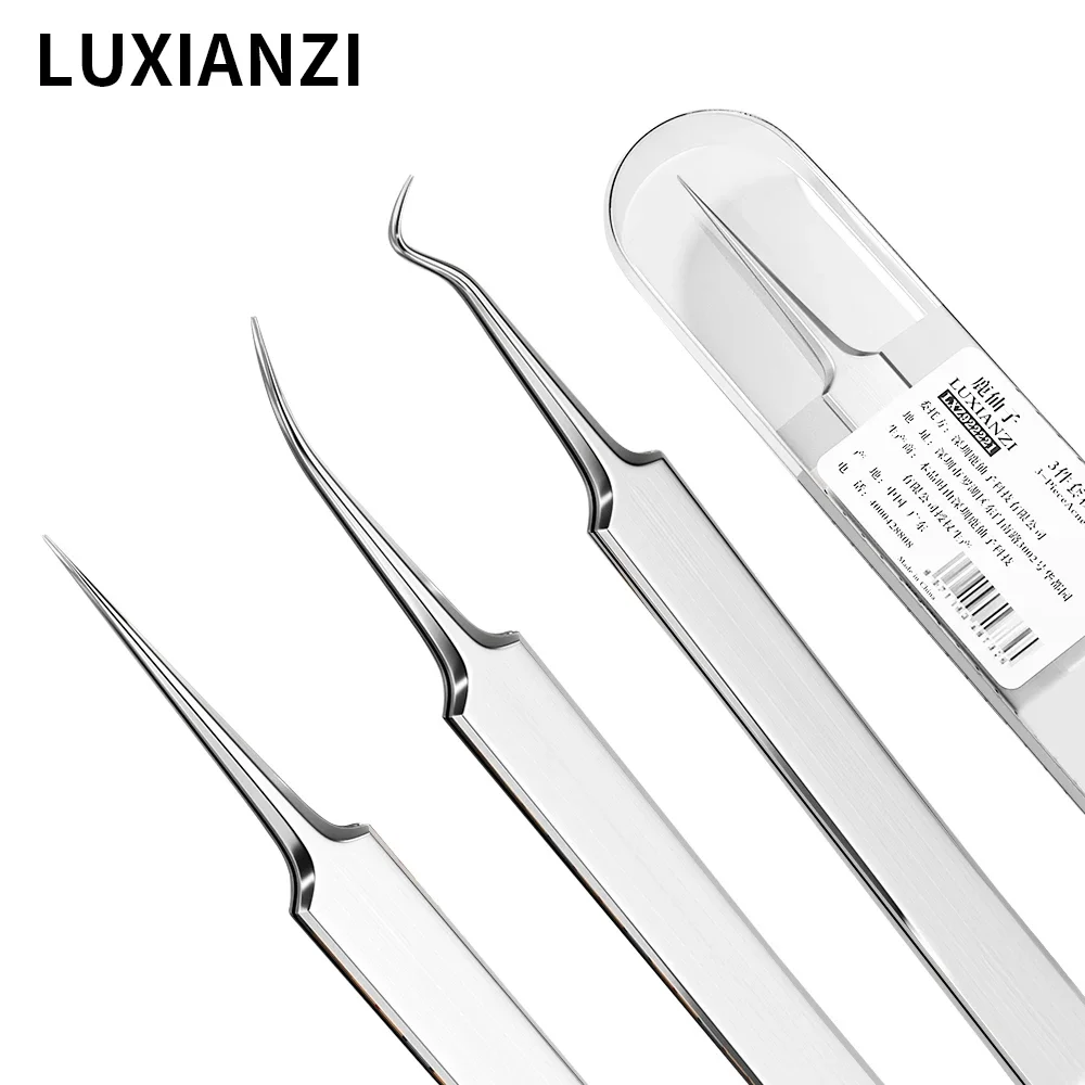 LUXIANZI 3pcs Blackhead Clip Tweezers Beauty Tool Set Ultra-fine Cell Pimples Acne Needle Stainless steel Cleansing Tweezer