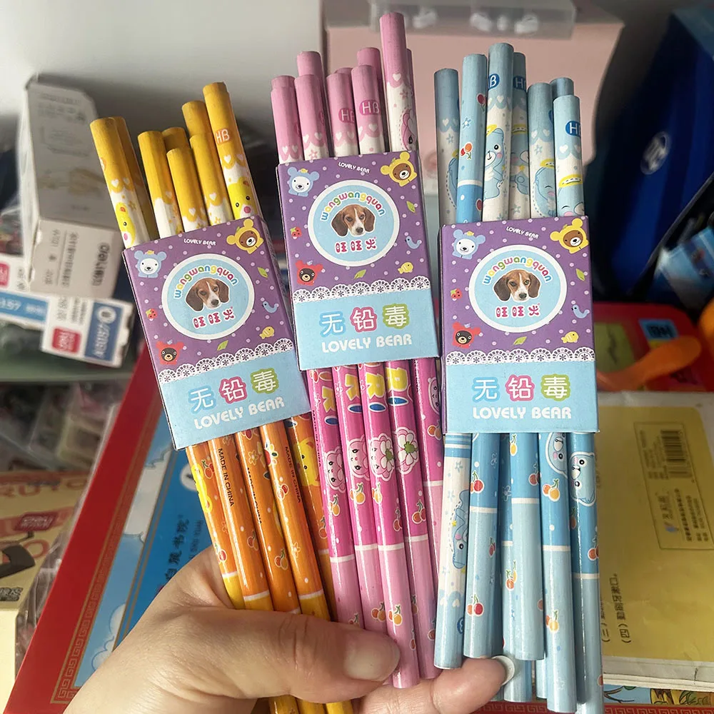 100pcs Cartoon Wooden Pencils for Kids Writing School Stationery Wholesale Study Accessories Round Pencils Drawing Items