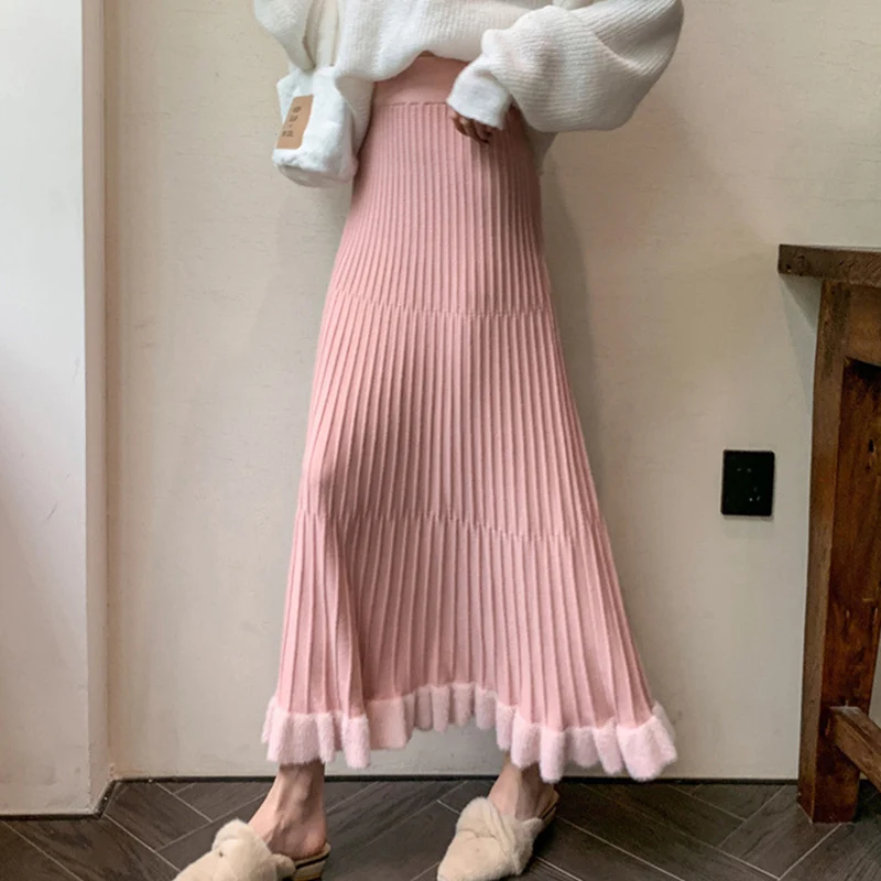 Elegant Folds Knitted Skirts Women Korean High Waist A-Line Skirt Woman Autumn Winter Soft Furry Edge Long Skirts Female