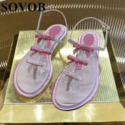 Summer Genuine Leather Rhinestone Bow Decoration Flip Flops Sandals Women's Round Toe Sweet Wind Sandals Vacation Dress Shoes