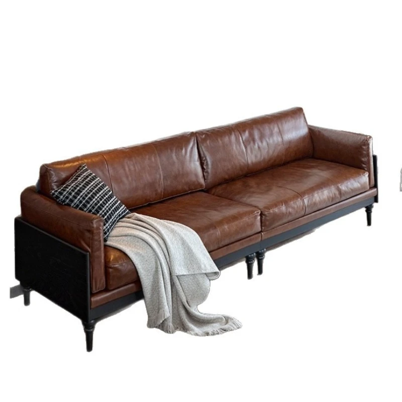 

American vintage sofa, solid wood furniture, living room size, three-seater leather sofa, big saddle sofa, European style