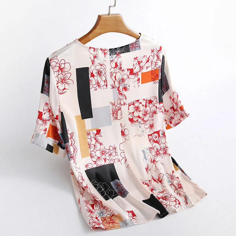 Summer Fashion Floral Print Womens Tops And Blouses Red Printed Bat Short Sleeve O-Neck Tee Tops Female Shirt